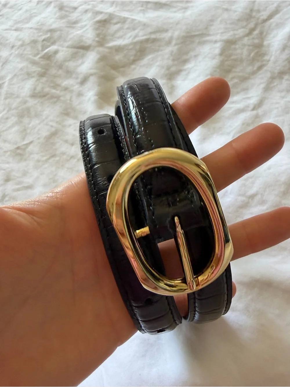 Anine Bing Mara Belt Black Croc-Embossed Leather Belt with Gold Oval Buckle